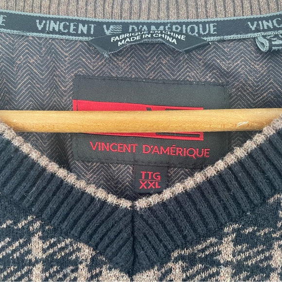 Vincent d’Amerique Men’s Sweater V-neck Checked Plaid Brown Black Size XXL - Picture 2 of 5